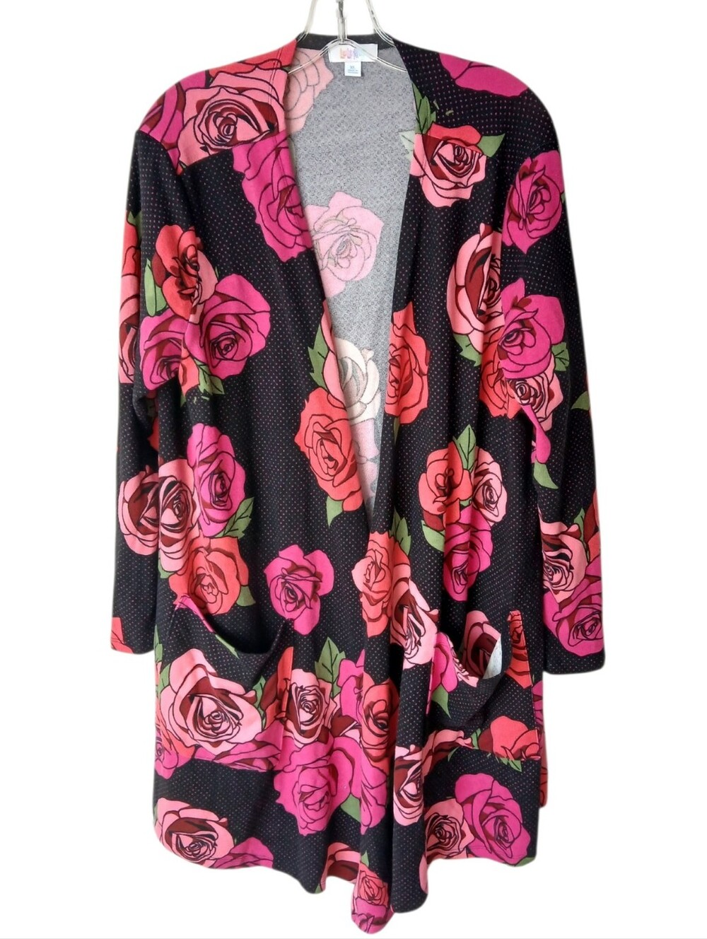 LuLaRoe Caroline Open Front Floral Cardigan with Pink Roses Size XL